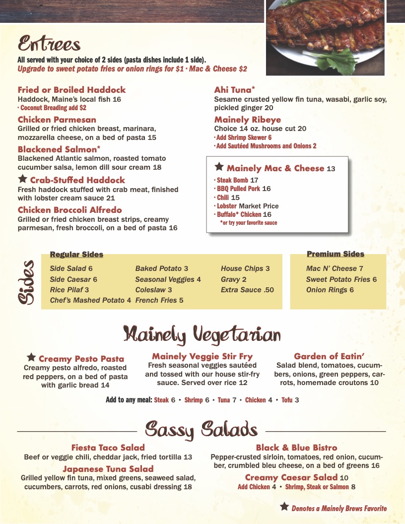 Mainely Brews > Our Menu > Dinner & Lunch Menu > Entrées, Salads